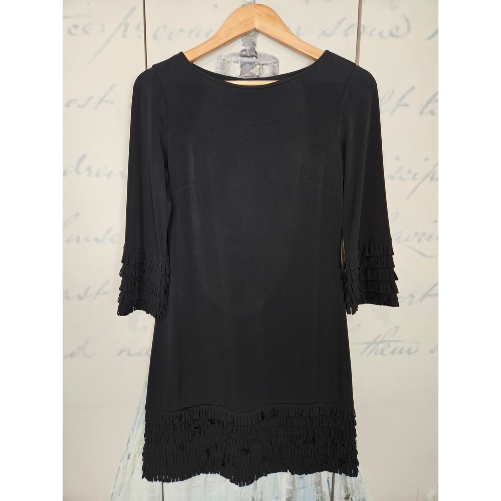 Donna Morgan Black Fringe Hem Sheath Dress 3/4 Sleeve Boat Neck Size 4